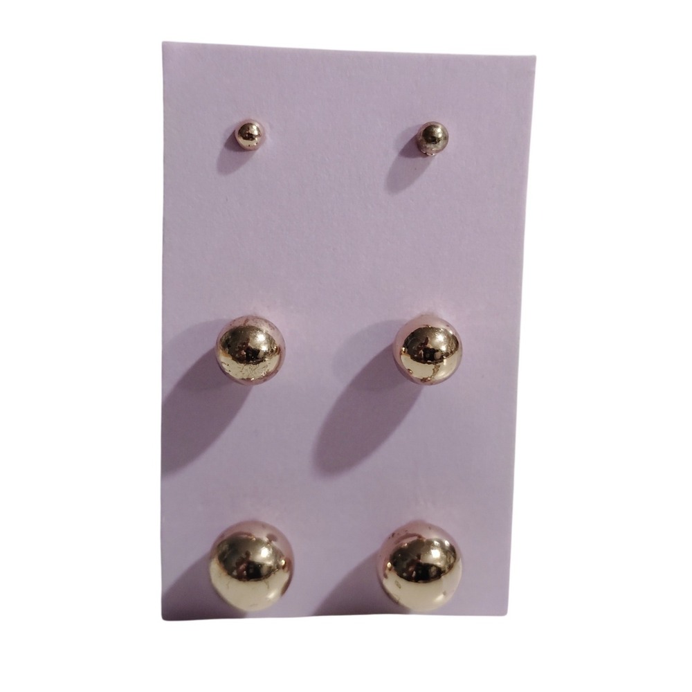 Rose Gold Tone Ball Stud Earring Set 3 Pairs Small Medium Large Round Minimalist